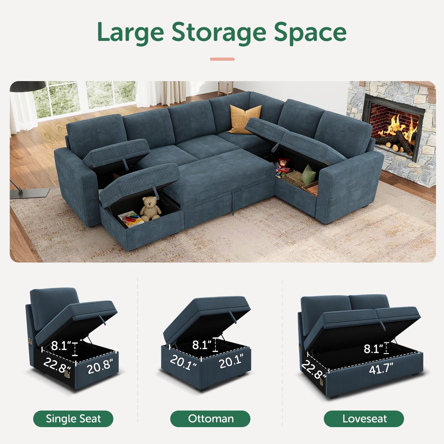 HONBAY Modular Sectional Sleeper Sofa with Pull Out Bed, Corduroy Couch with Storage, U Shaped Sectional Couches for Living Room, Blue