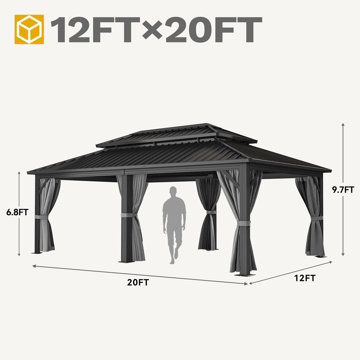 DWVO 12x18ft Gazebo Double Roof Hardtop with Nettings and Curtains, Heavy Duty Galvanized Steel Outdoor Vertical Stripes Roof for Patio, Backyard, Deck, Lawns, Brown