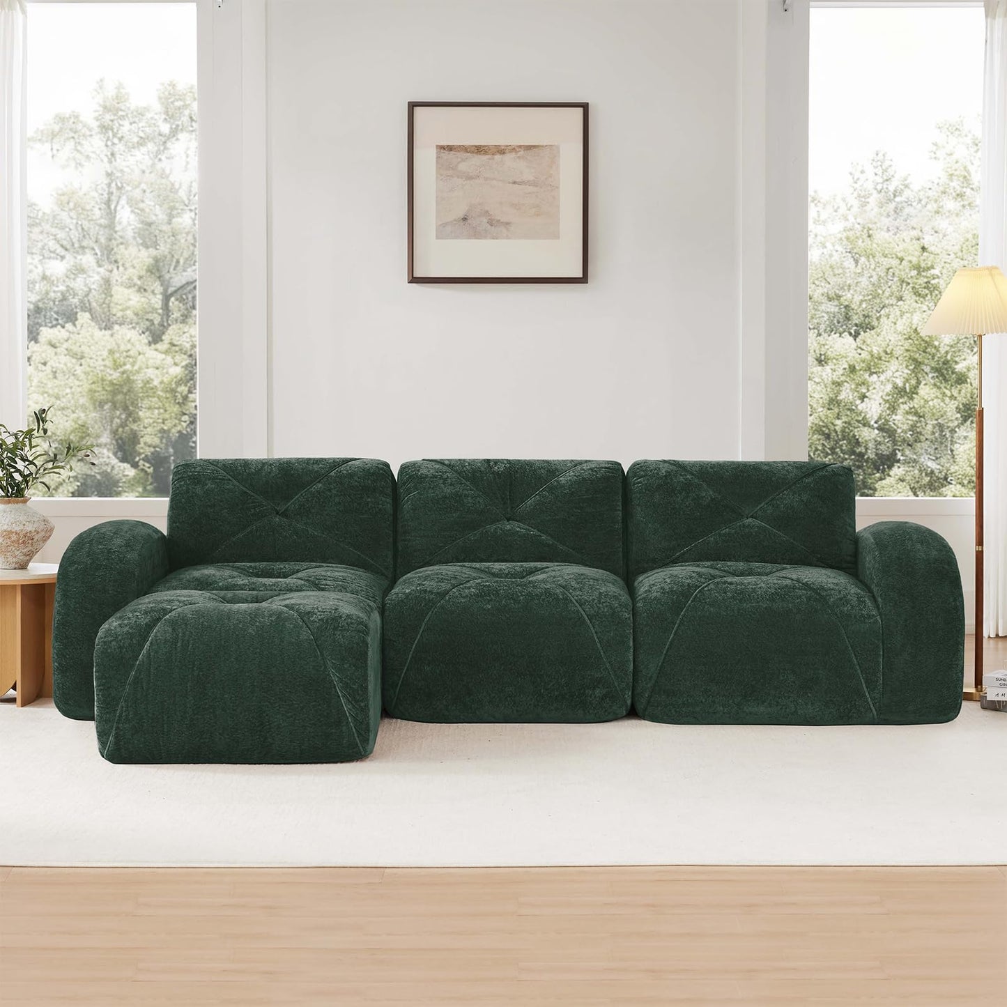 Green L-Shaped Sectional Couches for Living Room, Velvet Fabric Boneless Couch, No Assembly Cloud Modular Sectional Sofa with 1 Ottoman, Foam Couch Compressed Sofa Set for Apartment, Sofas para Sala