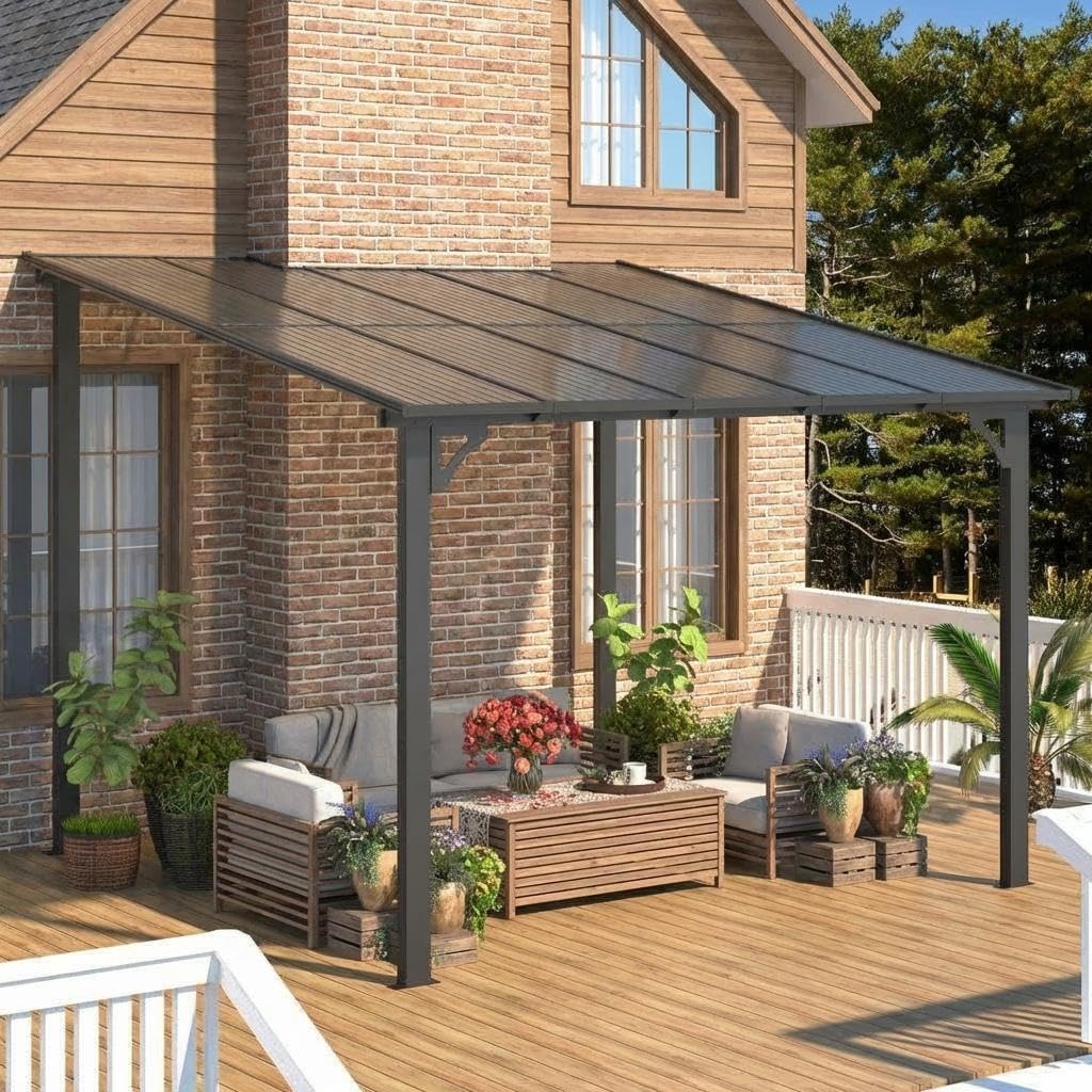 10'X10' Hardtop Wall Mounted Gazebo with Gutters & Galvanized Steel Roof, 60MPH Wind Resistance, Lean to Gazebo Pergola with Sloped Roof for Deck, Porch, Backyard and More, Black