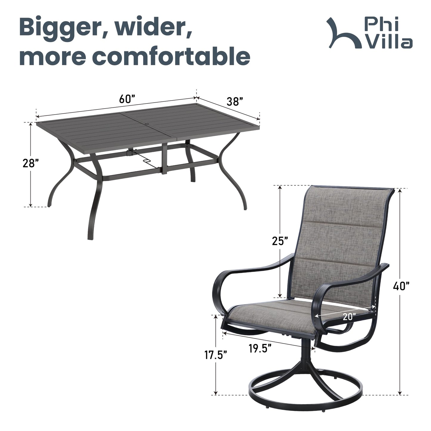 PHI VILLA 7 Piece Patio Dining Set for 6, 1 Large Metal Table and 6 Outdoor Dining Chairs with High Back and Padded Textilene, Outdoor Furniture Set for Garden, Yard
