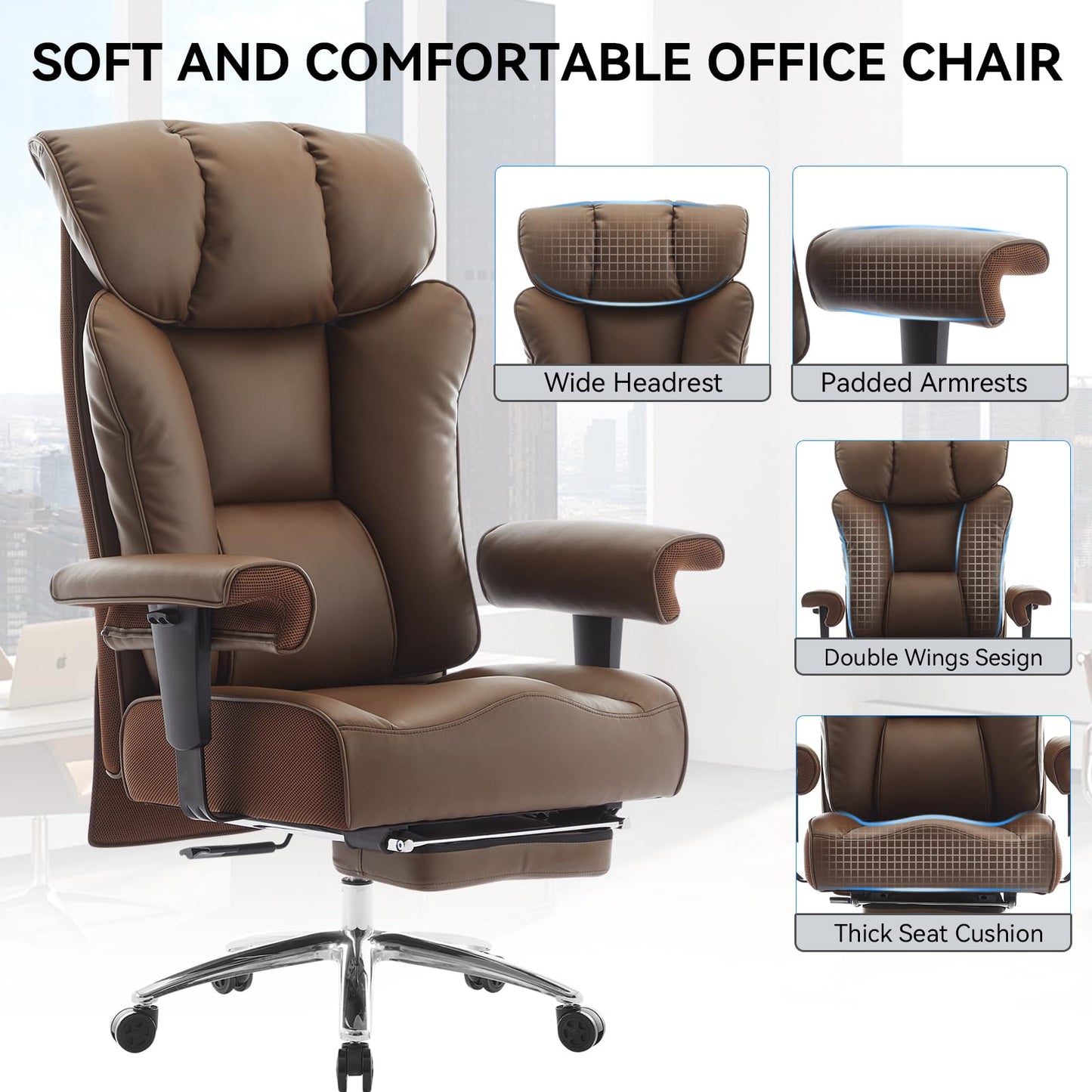 Efomao Big and Tall Office Chair 400lbs - Heavy Duty Executive Desk Chair with Foot Rest & 23" Wide Seat - High Back Ergonomic Leather Computer Chair for Heavy People, Home Office, Brown