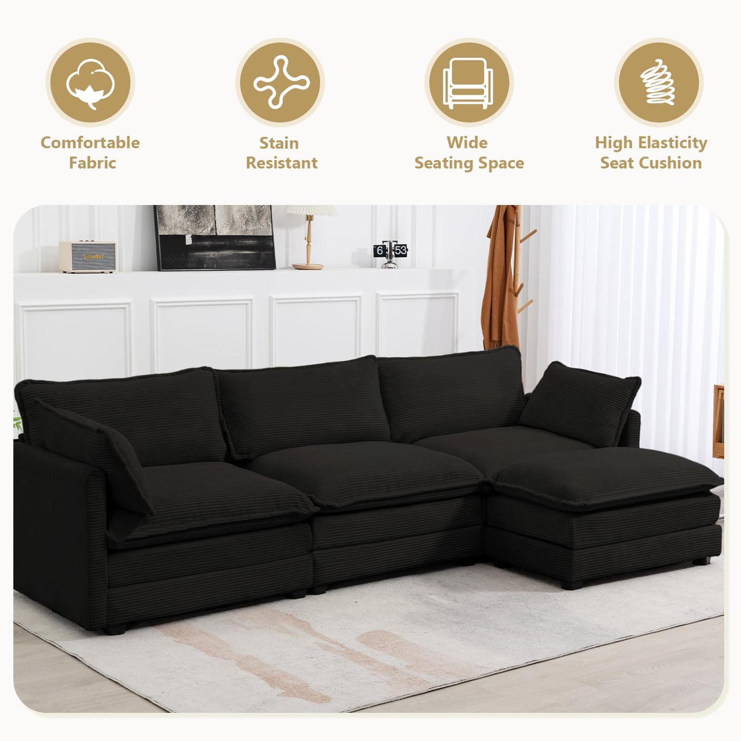 112'' Sectional Modular Cloud Couch, Oversized L Shaped 3 Seat Sofa with Movable Ottomans, 2 Throw Pillows, Upholstered Corduroy L Shape Comfy Deep Couches for Living Room and Office, Black