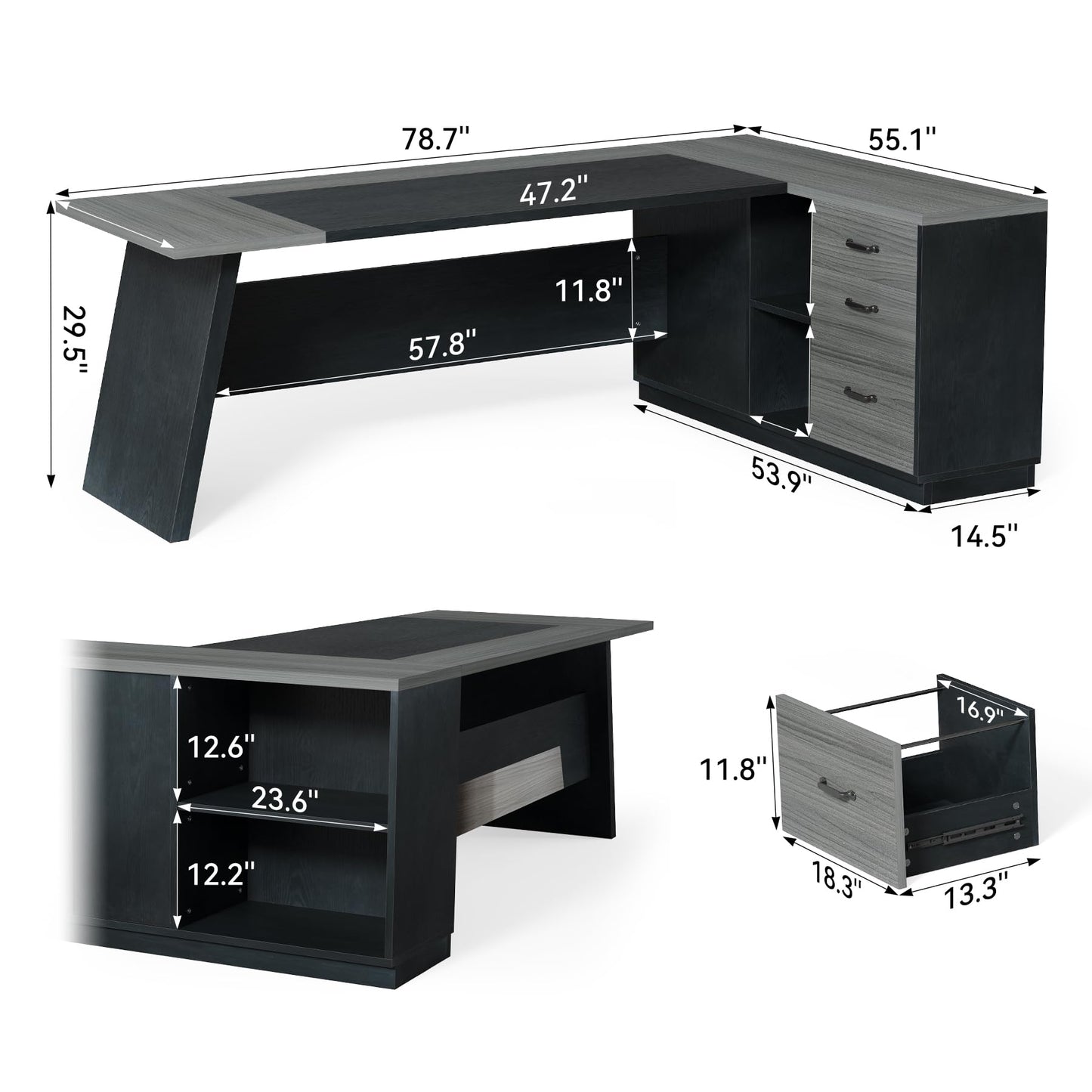 LITTLE TREE 78-Inch Executive Office Desk with File Cabinet, Large Modern Corner Office Desk for Home Office, 3-Drawer Wood File Cabinet, Spacious Workstation for Home Office (Grey & Black)