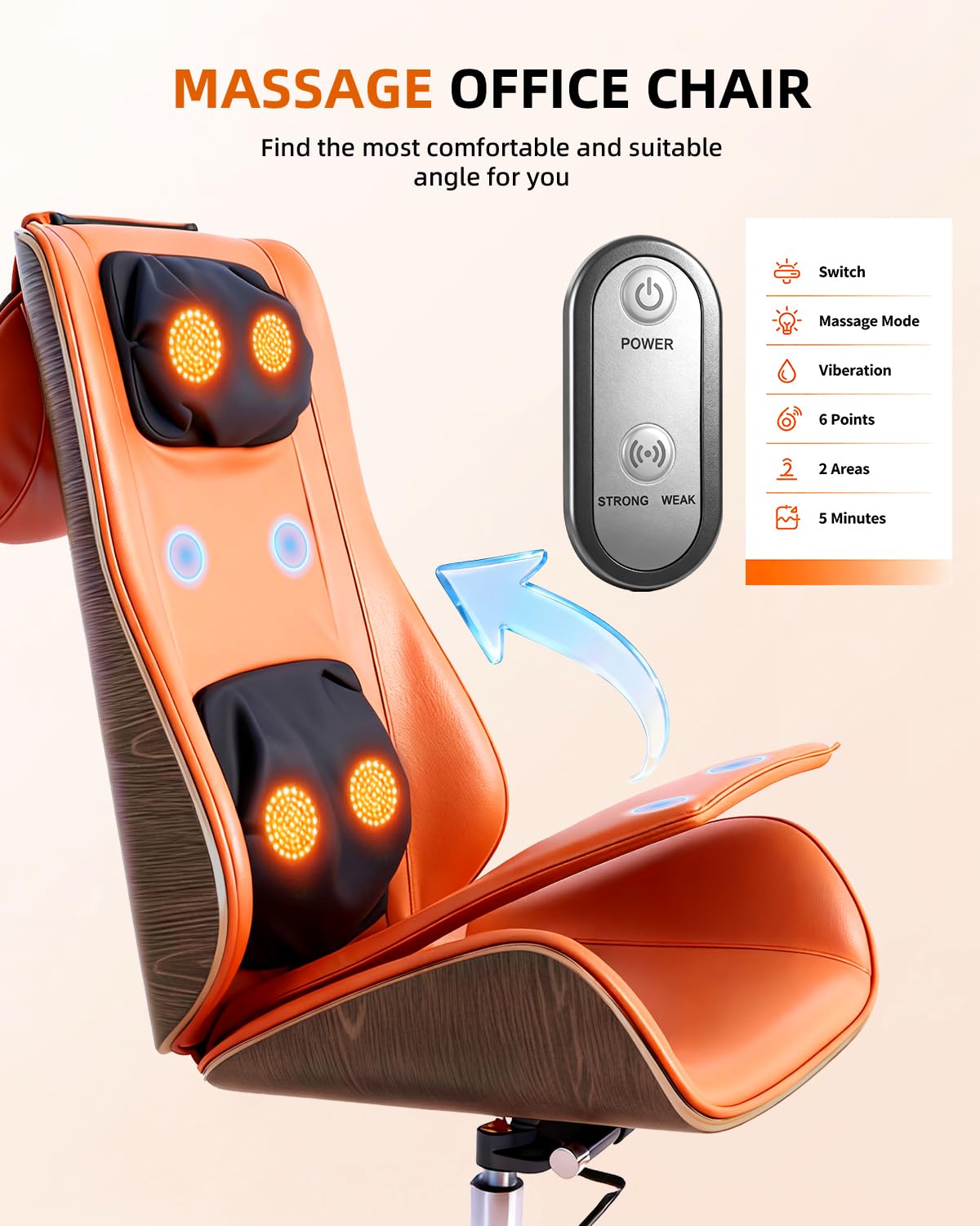 Executive Massage Office Chair Ergonomic Luxury Desk Chair with Handcrafted Wood Veneer 6-Point Vibration for Sciatica Relief 135° Recline, Big and Tall Support for Home & Workspace (Orange)