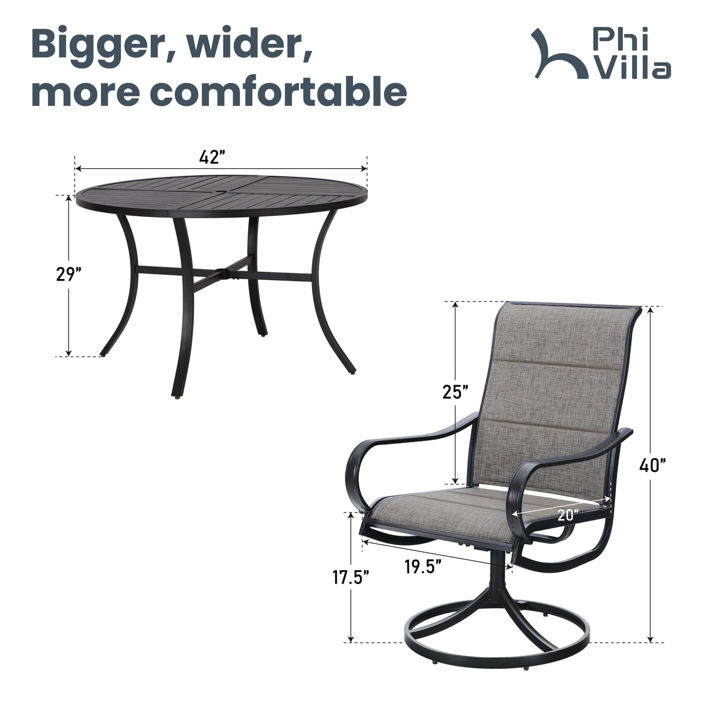 PHI VILLA Outdoor Patio Dining Set 5 Piece with 4 Padded Swivel Dining Chairs & 1 Large Round Dining Table, Textilene Mesh Fabric Chair and 42" Metal Table for All Weather