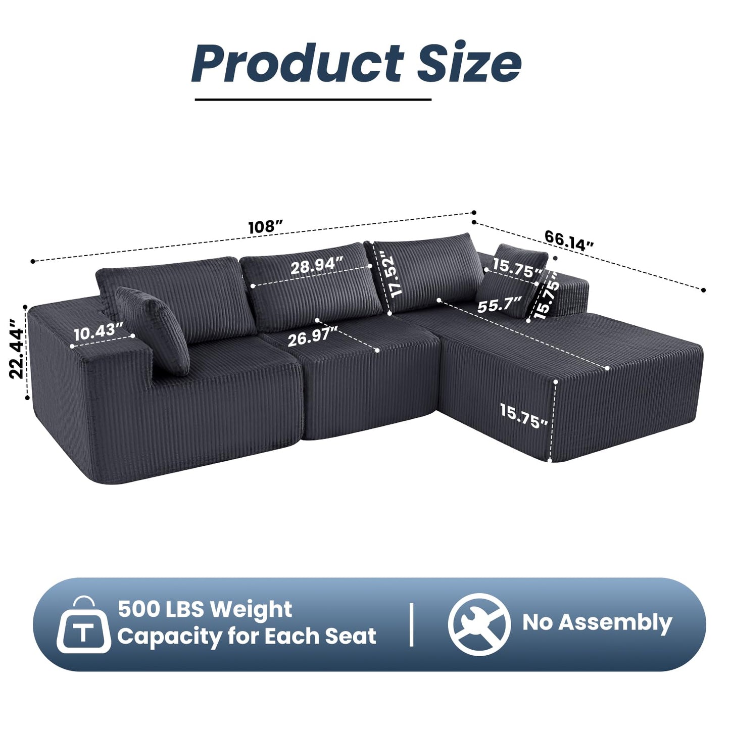 DUMOS 108” Modular Sectional Sofa, Cloud Sectional Couch with Deep Seat, Modern Modular L-Shape Sofa Couch with Chaise,Upholstered Boneless Couches for Living Room Bedroom (Grey,Right Facing Chaise)