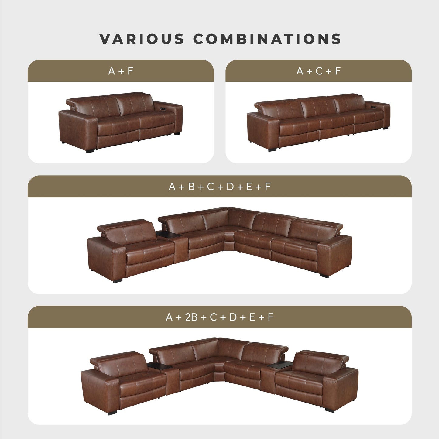 Lexicon Sectional Couches for Living Room-Modular Sectional Sofa, 5 Seater L Shaped Couch, Storage Console, Power Headrests, Charging Ports, 3 Wall Hugger Recliner Seats, Top Grain Leather Brown