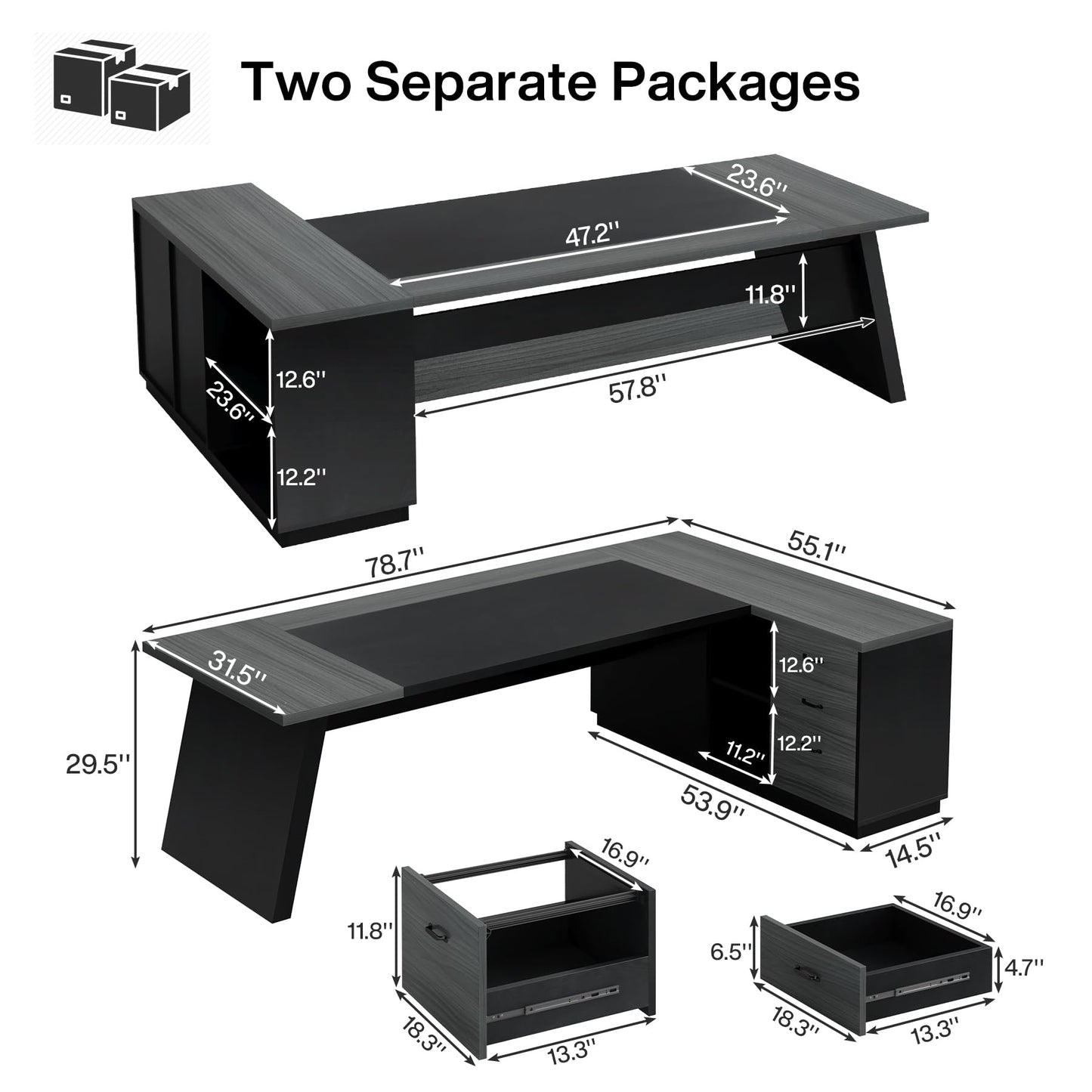 Tribesigns 78" L-Shaped Executive Desk, Large Modern Office Desk with Drawers and Lateral File Cabinet, Business Furniture with Storage Shelves, Big Computer Desk for Home Office (Grey + Blcak)