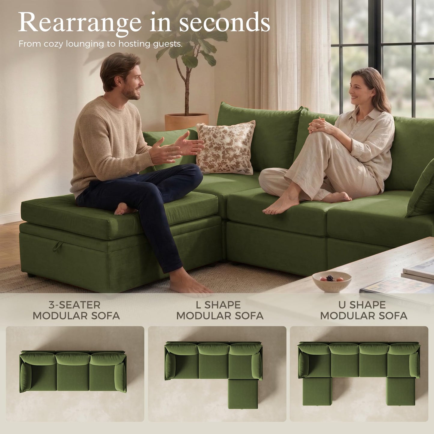 ABCASA 135.5" Velvet Modular Sectional Couch with Storage Ottoman, L-Shaped Sofa, 7-Seater Cloud Sectional with Removable Covers, Green
