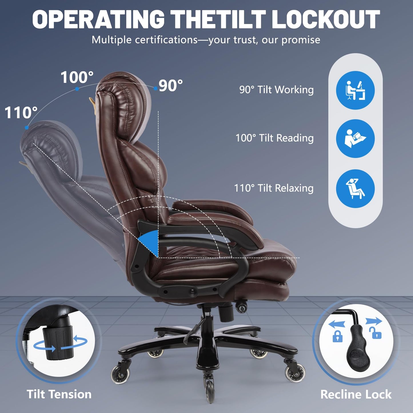 800LBS Big and Tall Office Chair for Heavy People, Heavy Duty Executive Chair with High Back, Extra Wide Seat and Adjustable Lumbar, Large Computer Desk Chair Comfortable for Home Office (Brown)