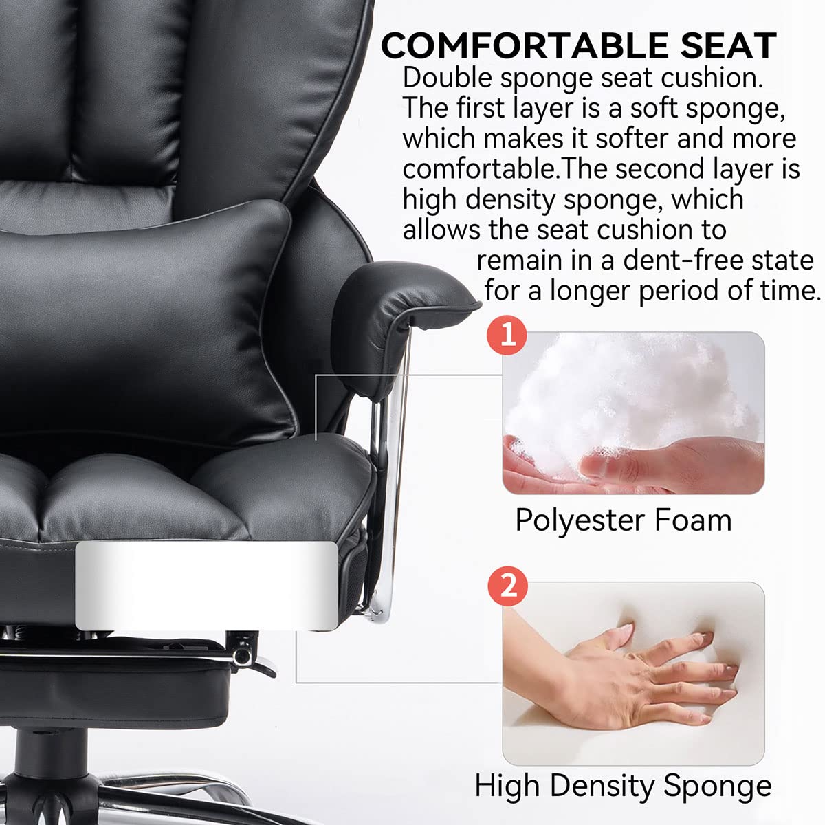 Efomao Big and Tall Office Chair with Foot Rest 400LBS, PU Leather Computer Chair, Heavy Duty Executive Office Chair with Lumbar Support, Black Home Office Chairs