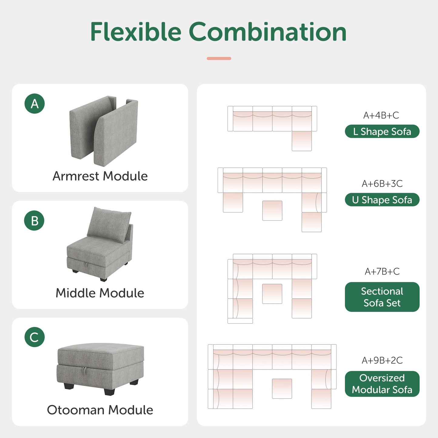 HONBAY Modular Sectional Sofa U Shaped Sectional Modular Sofa with Storage Convertible Sectional Couch for Living Room, Grey