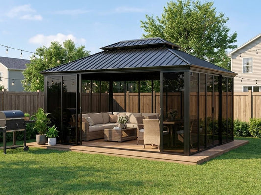 12x16ft Heavy Duty Outdoor Pavilion with Metal Frame, Permanent Solarium Sunroom Kit with PC Windows, Fully Sealed Screen Houses for Backyard, for Patio Winter Garden