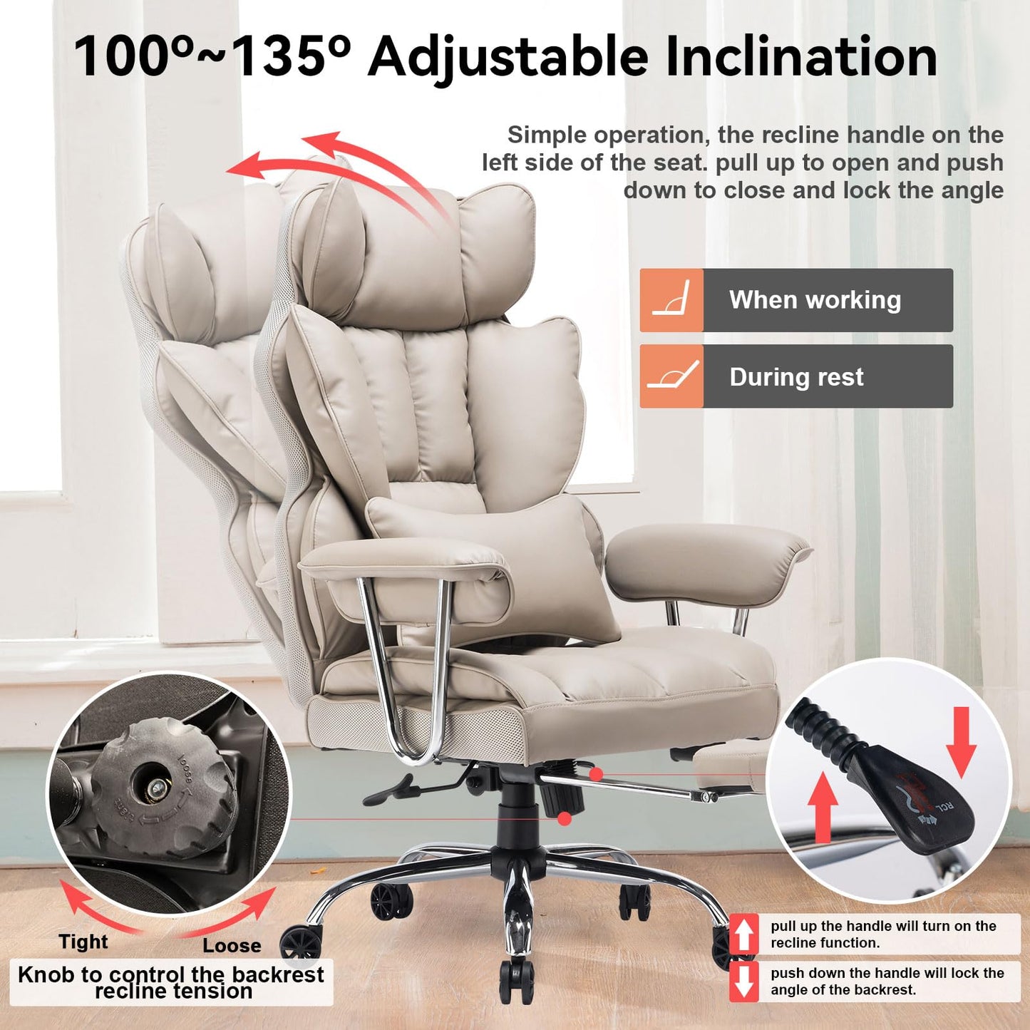 Efomao Big and Tall Office Chair 400lbs – PU Leather Executive Office Chair with Lumbar Support & Leg Rest, Heavy-Duty Computer Chair for Home Office, Grey