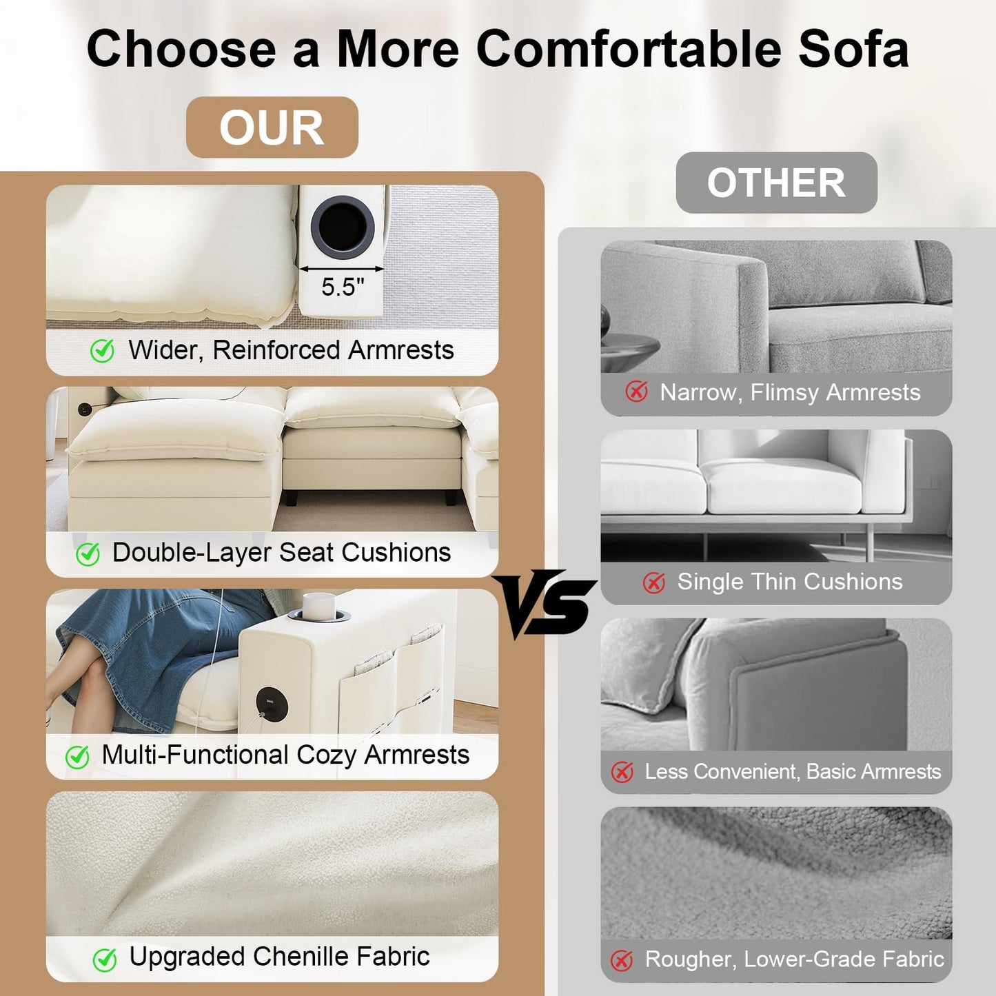 KCGKCG 116" Modular Sectional Sofa, U Shaped Cloud Couch with Movable Ottoman, Chenille Deep Seat Cloud Sofa with Charging Station, Cup Holder, Side Pocket, Sectional Couches for Living Room, Beige