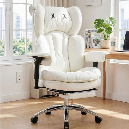 Efomao Big & Tall Executive Office Chair with Footrest - 400lbs Heavy Duty High Back PU Leather Desk Chair, Modern Ergonomic Reclining Computer Chair, White