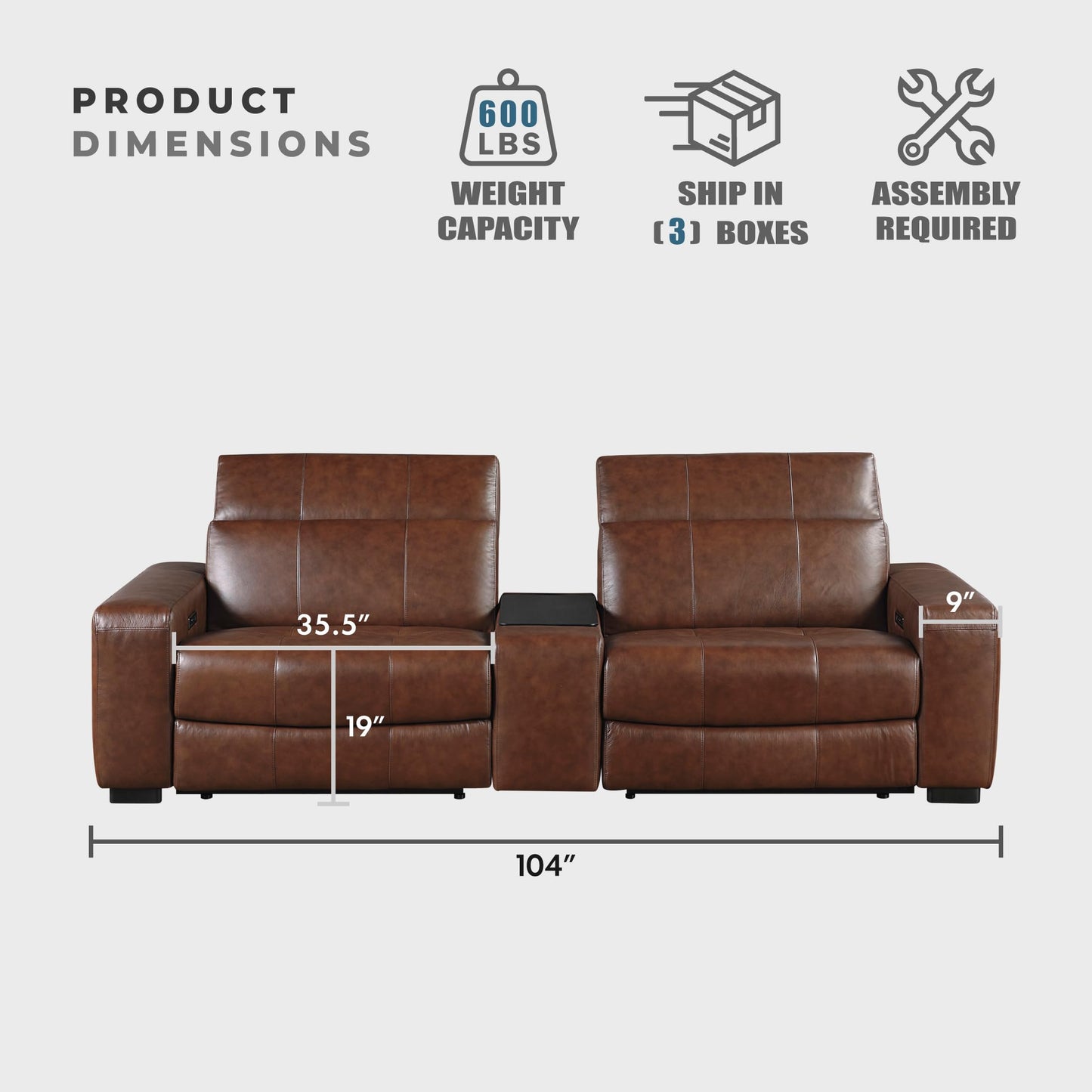 Lexicon Sectional Couches for Living Room-Modular Sectional Sofa, Power Double Reclining Loveseat with Center Console, Power Headrests, Charging Ports, Dual Cup Holders, Top Grain Leather Brown