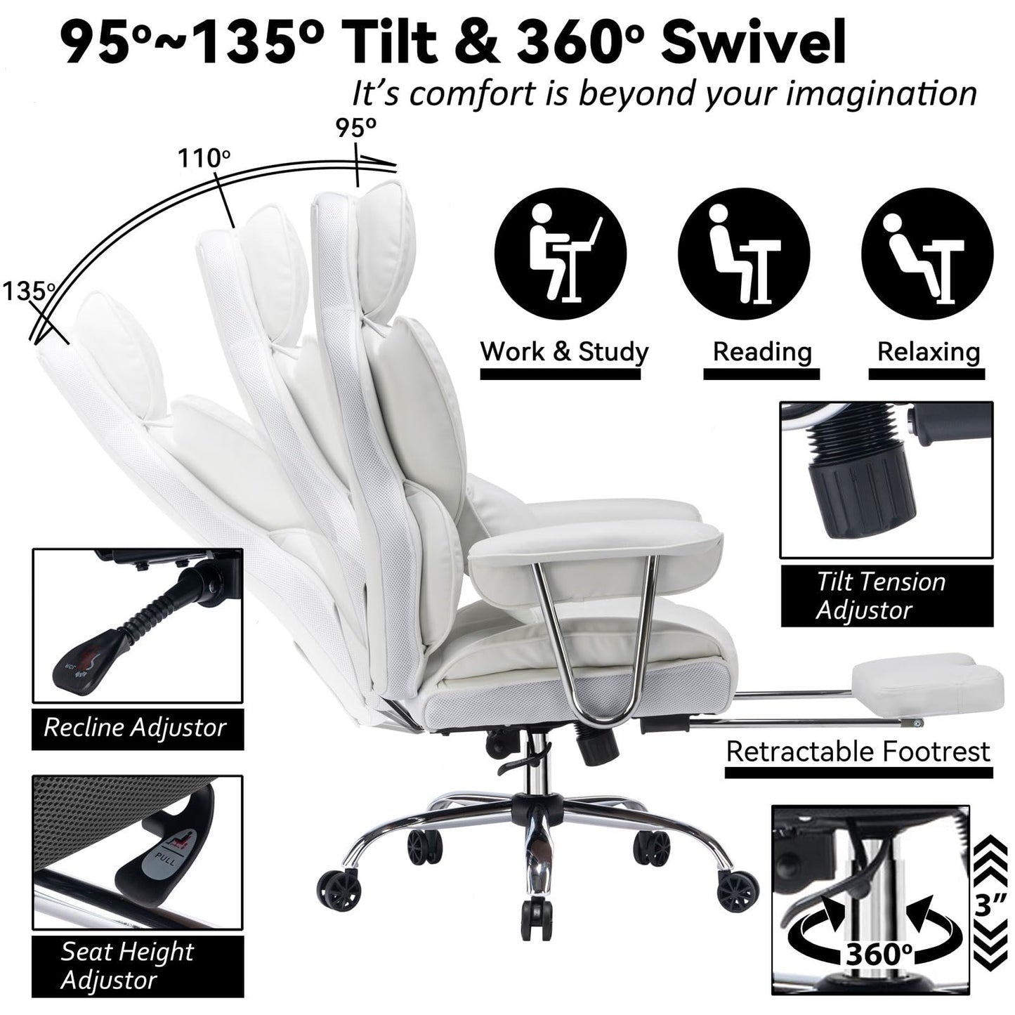 Efomao Big and Tall Office Chair 400lbs – High Back Executive Chair with Swivel Base, PU Leather Upholstery, Lumbar Pillow, Padded Armrests, and Rolling Wheels，White Computer Chair