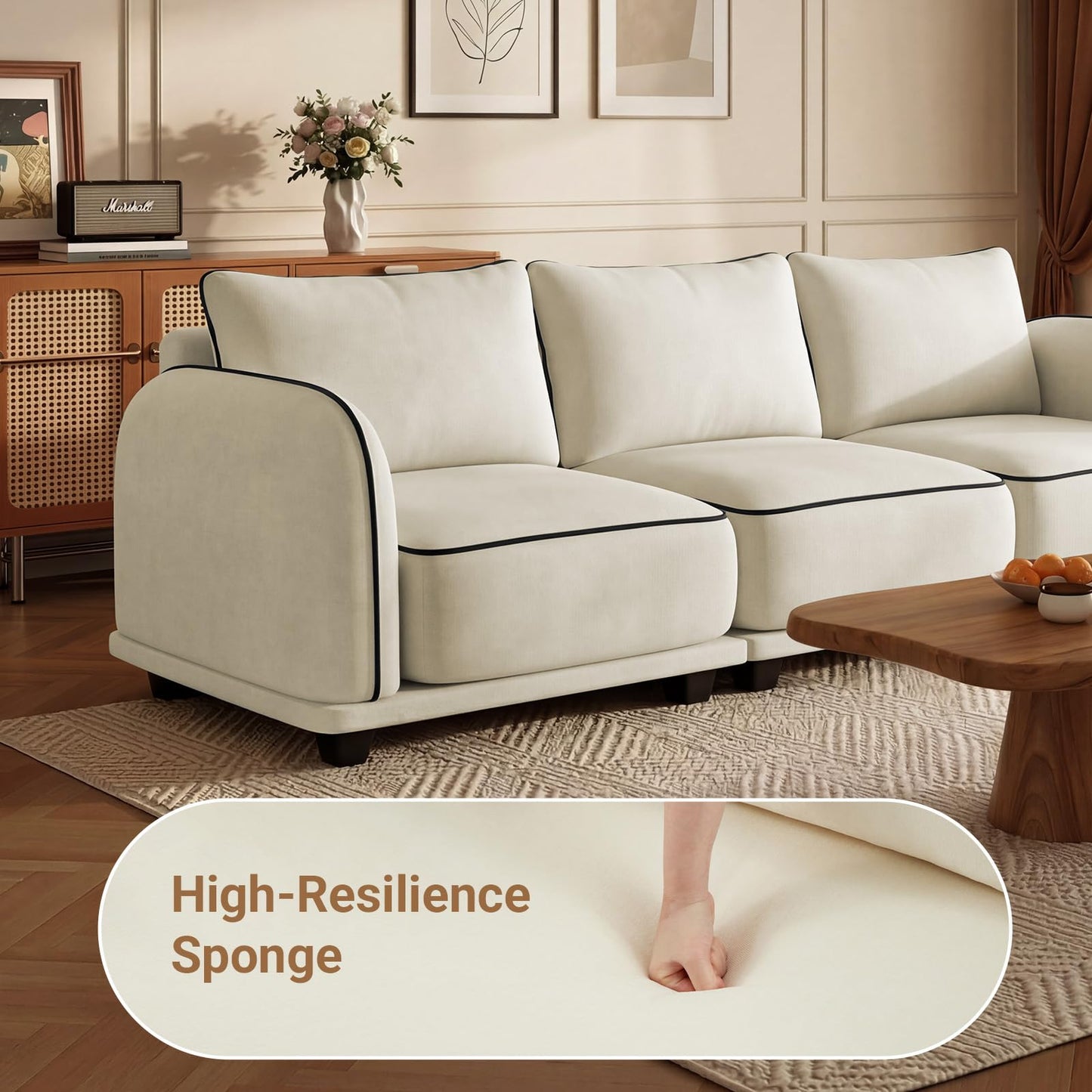 104 Inch L Shaped Modular Sectional Sofa, 4 Seater Modern Cloud Chenille Comfy Couch with Movable Ottoman & 3 Back Pillows, Oversized Comfy L Shape Couch for Living Room, Bedroom, Apartment, Beige