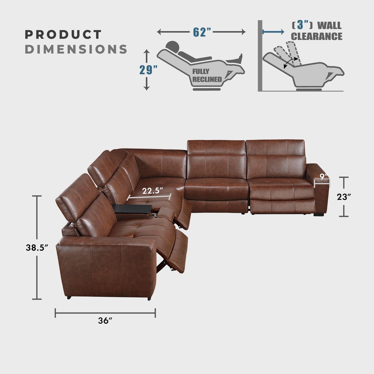 Lexicon Sectional Couches for Living Room-Modular Sectional Sofa, 5 Seater L Shaped Couch, Storage Console, Power Headrests, Charging Ports, 3 Wall Hugger Recliner Seats, Top Grain Leather Brown