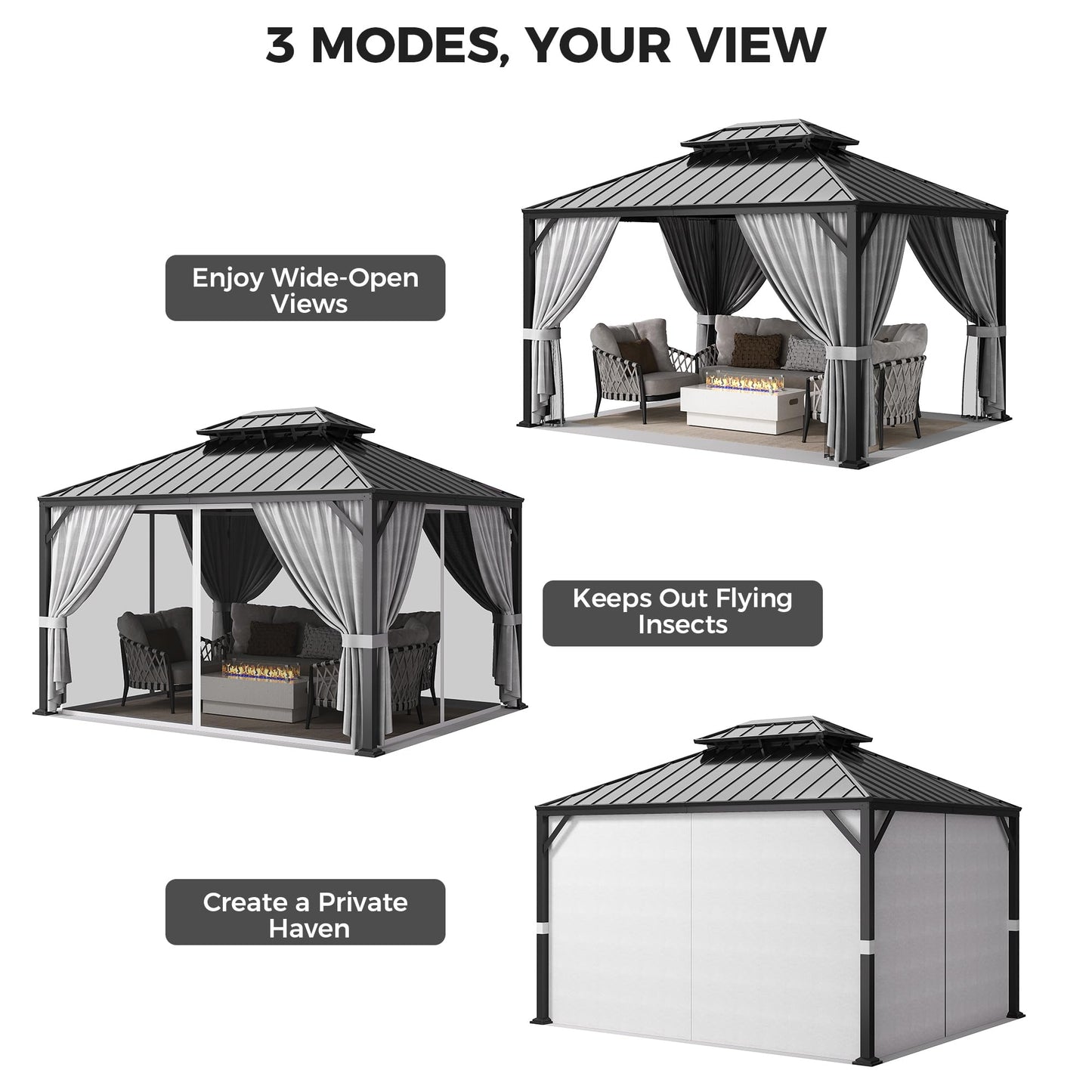 IRONCK 12'x10' Hardtop Gazebo, Update Aluminum Frame Gazebo with Galvanized Steel Double Roof, Outdoor Pergola with Curtain and Net, Backyard Canopy for Garden, Deck, Gray and Black