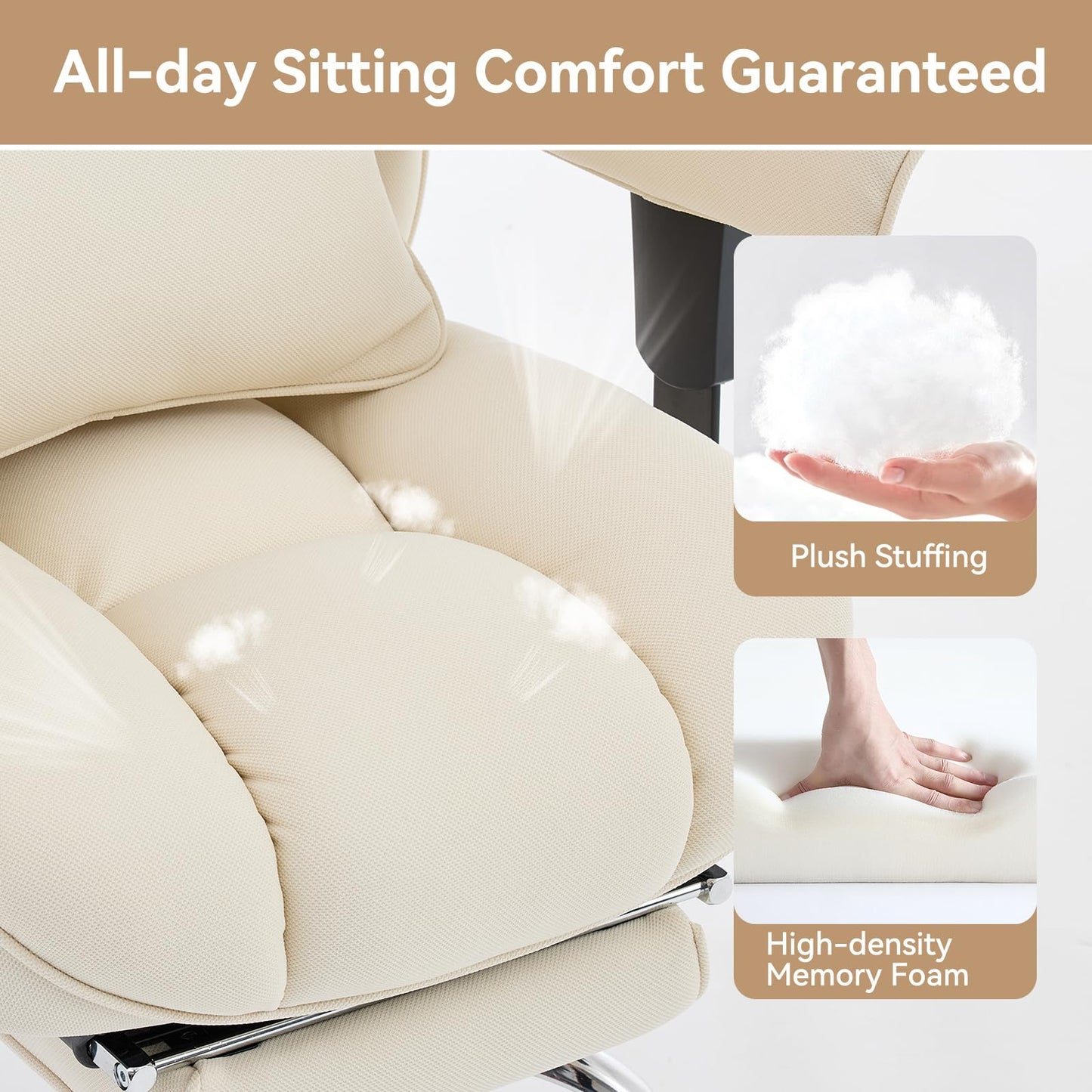 Efomao Big and Tall Office Chair with Footrest - Breathable Mesh Executive Chair, Heavy Duty Computer Desk Chair for Home Office, Ergonomic Lumbar Support & Reclining Mesh Gaming Chair, Beige