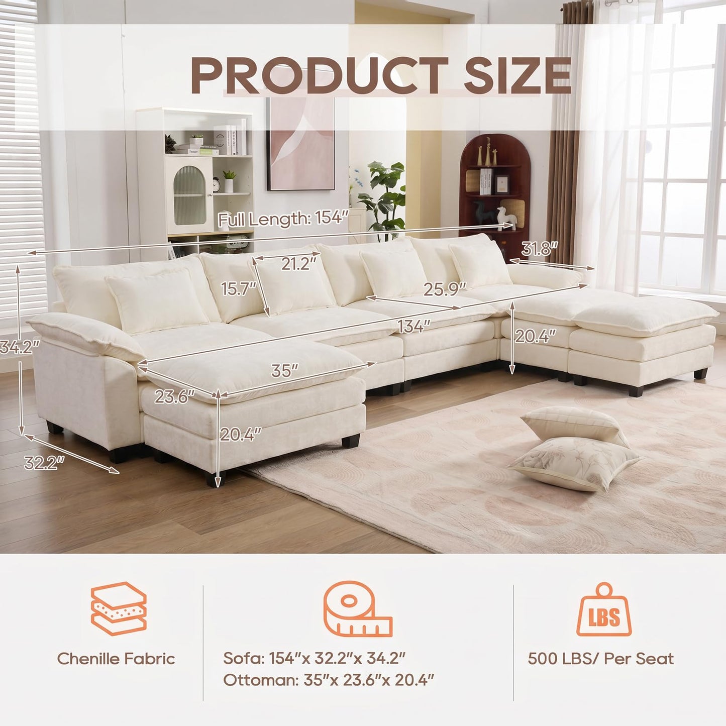 IPKIG 154" Modular Sectional Sofa, Chenille C-Shaped Sectional Couch Comfy Upholstered Seat Sofa with Ottoman, Deep Seat Cloud Couch Sofa for Living Room, Beige
