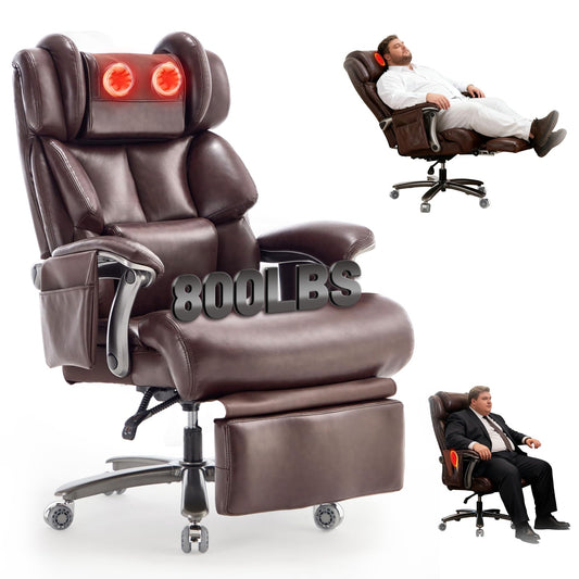 800LBS Massage Office Chair with Foot Rest & 8 Points Vibration Heat for Heavy People,Big and Tall Ergonomic Executive Reclining Desk Chairs for Home Office Managerial Use (Brown (Wheel Upgrade))