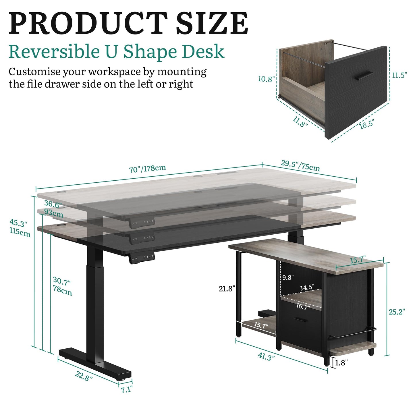 YITAHOME L Shaped Standing Desk with Power Outlets, 70.1" Electric Standing Desk Adjustable Height Sit Stand Corner Standing Desks Executive Desk with Drawers & Shelves, Grey + Black