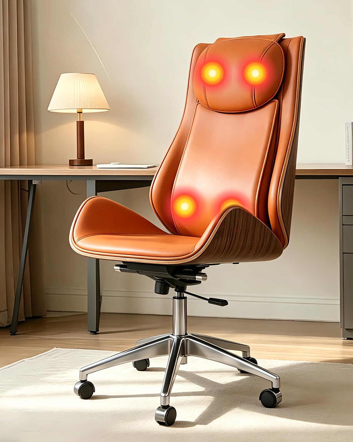 Executive Massage Office Chair Ergonomic Luxury Desk Chair with Handcrafted Wood Veneer 6-Point Vibration for Sciatica Relief 135° Recline, Big and Tall Support for Home & Workspace (Orange)