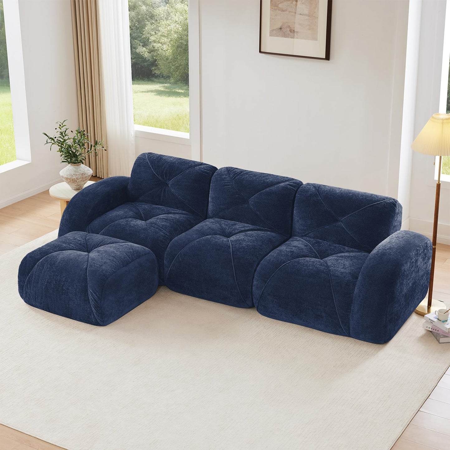 Blue L-Shaped Sectional Couches for Living Room, Velvet Fabric Boneless Couch, No Assembly Cloud Modular Sectional Sofa with 1 Ottoman, Foam Couch Compressed Sofa Set for Apartment, Sofas para Sala