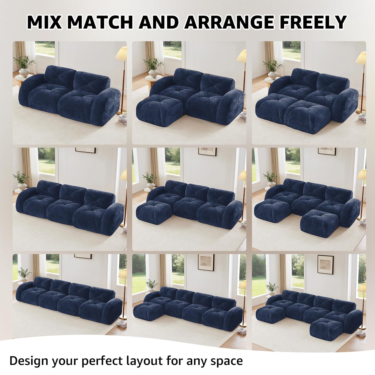 Blue L-Shaped Sectional Couches for Living Room, Velvet Fabric Boneless Couch, No Assembly Cloud Modular Sectional Sofa with 1 Ottoman, Foam Couch Compressed Sofa Set for Apartment, Sofas para Sala