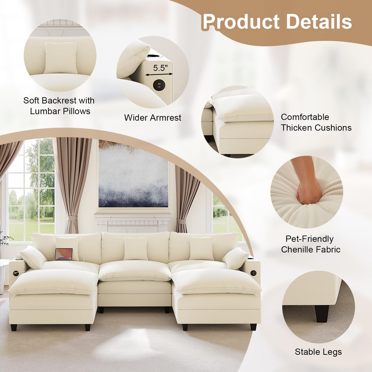 KCGKCG 116" Modular Sectional Sofa, U Shaped Cloud Couch with Movable Ottoman, Chenille Deep Seat Cloud Sofa with Charging Station, Cup Holder, Side Pocket, Sectional Couches for Living Room, Beige