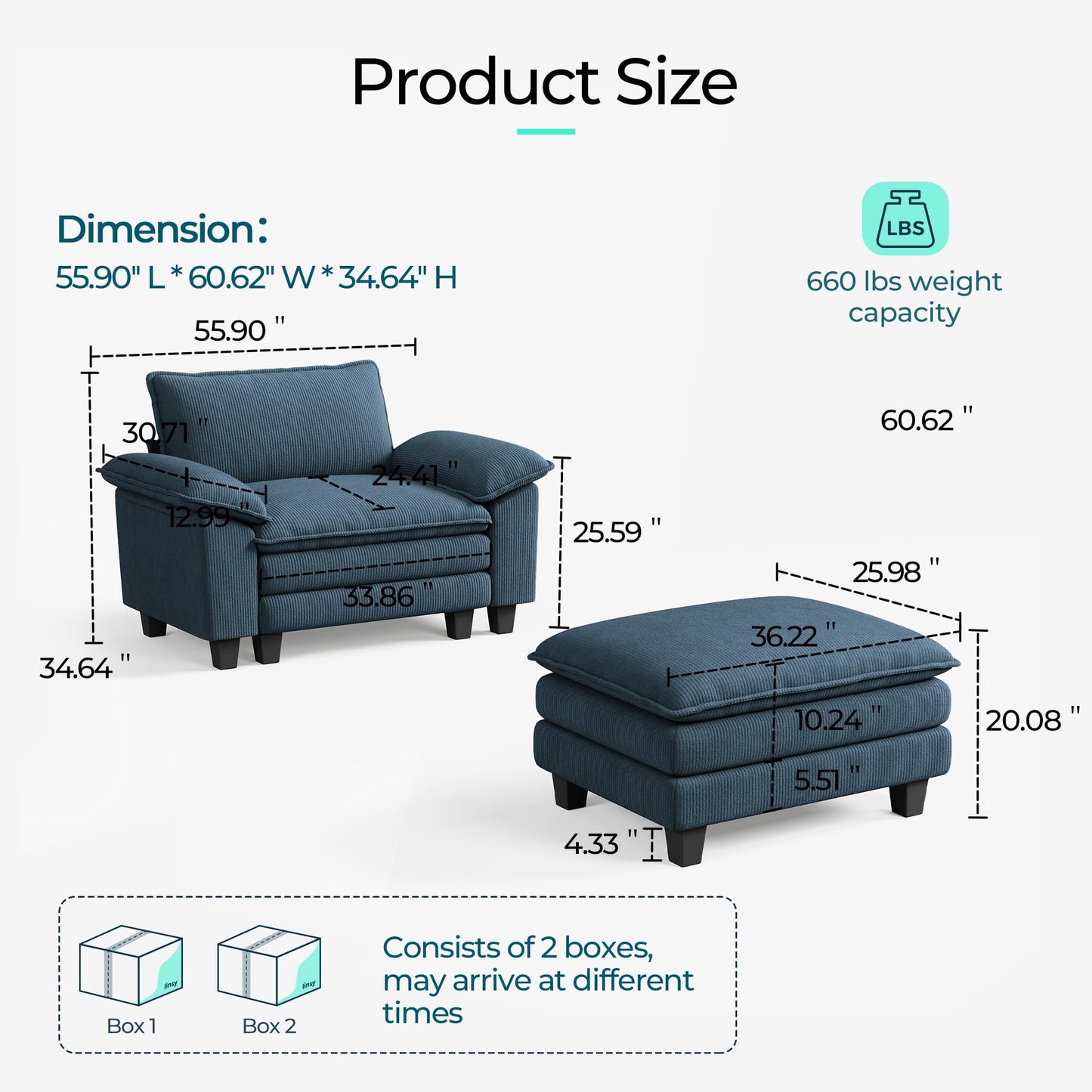 LINSY HOME Cloud Sofa Accent Chair with Ottoman Chaise Lounge Chair Indoor, Corduroy Couch Sofa Chair for Living Room Apartment Bedroom Office, Blue
