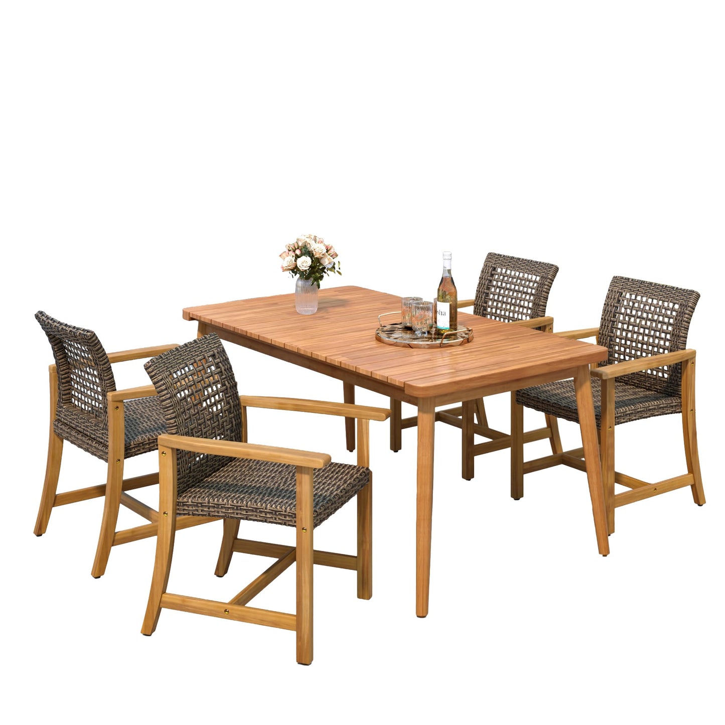 Merax 5 Piece Patio Dining Set, Outdoor Acacia Wood 63" Slatted Dinning Table and 4 Rattan Arm Chairs w/Sturdy Wood Legs for Backyard,Balcony, Garden, Poolside, Mocha+Teak