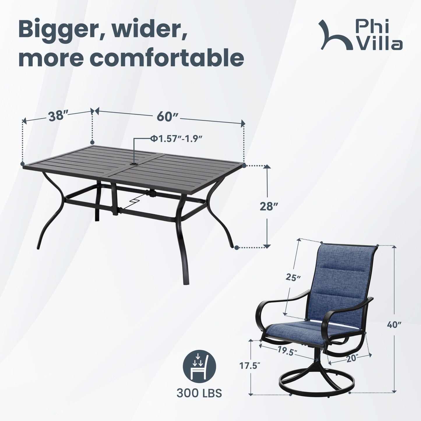 PHI VILLA Patio Dining Set for 6, Swivel Dining Chairs with Padded Textilene and Large Metal Table (1.57'' Umbrella Hole), All Weather Table and Chairs for Outdoor Lawn (Blue)