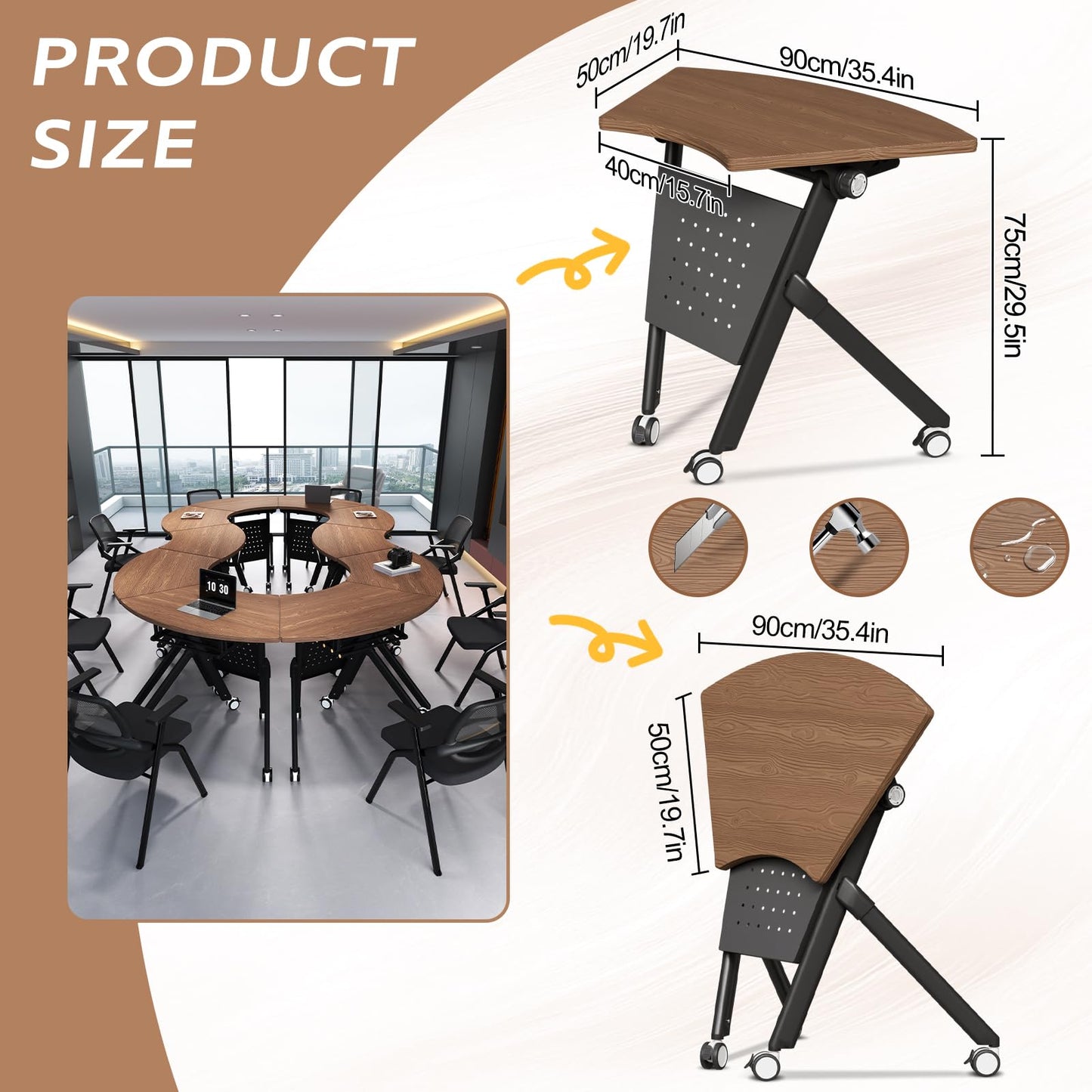 JFazzruit Folding Conference Table,Fan-Shaped Conference Room Tables with Wheels, Mobile Modular Seminar Meeting Desk for Classrooms,Office & Seminar (8, Fan-Walnut)