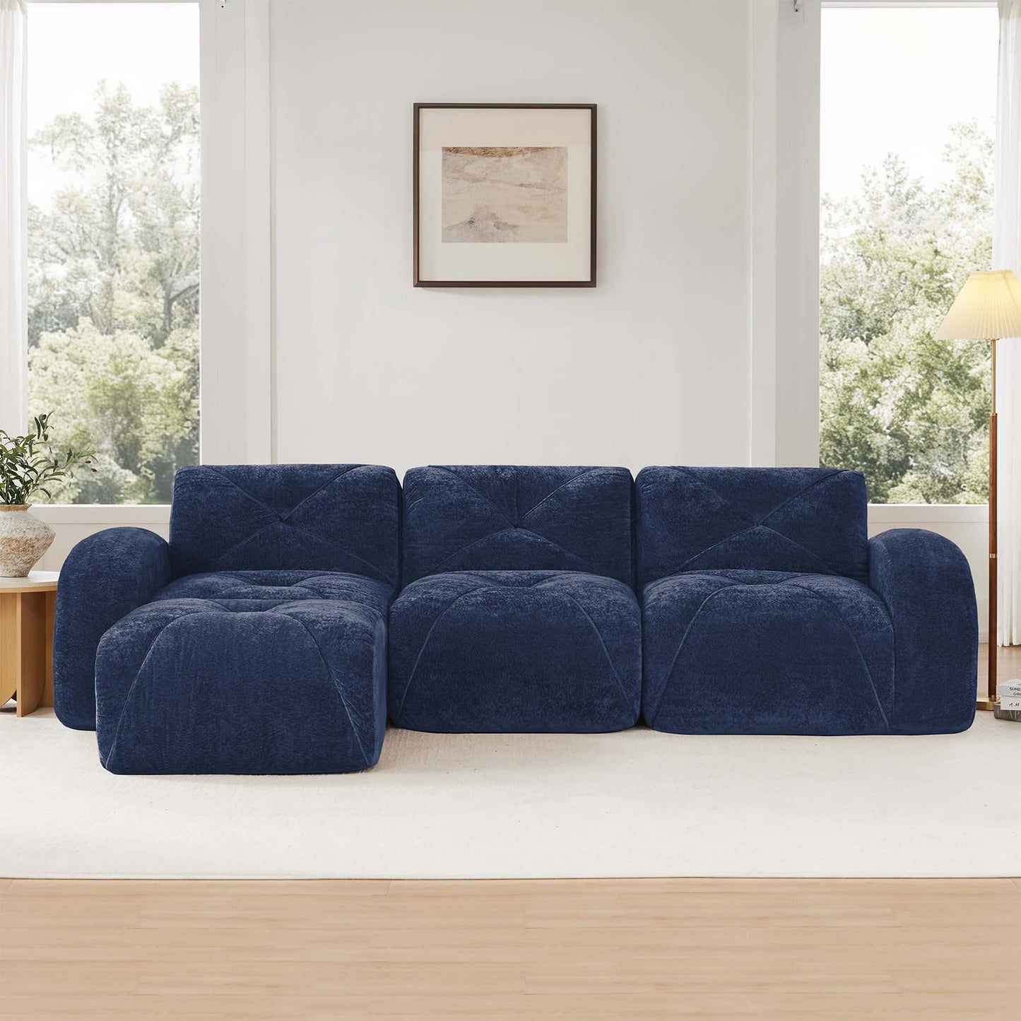 Blue L-Shaped Sectional Couches for Living Room, Velvet Fabric Boneless Couch, No Assembly Cloud Modular Sectional Sofa with 1 Ottoman, Foam Couch Compressed Sofa Set for Apartment, Sofas para Sala