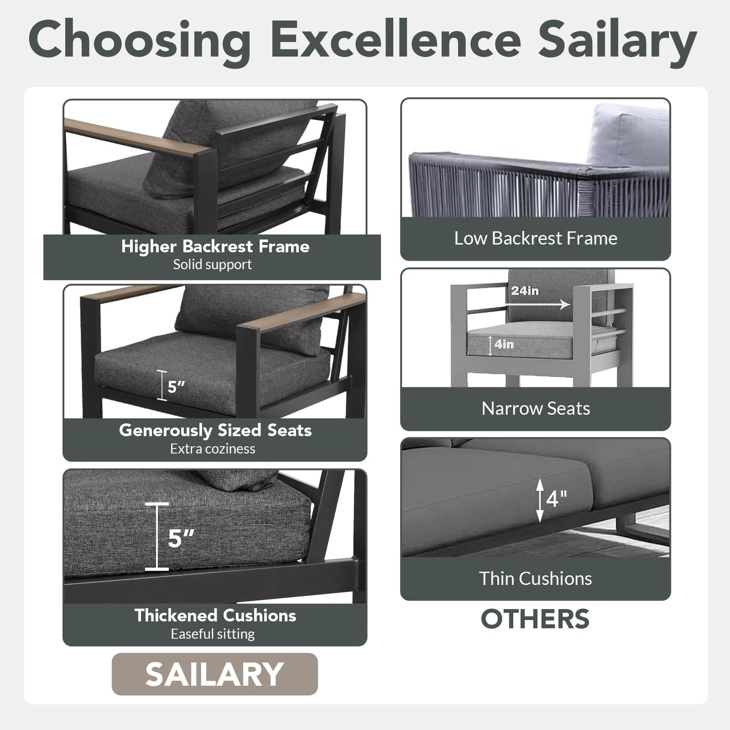 SAILARY Outdoor Patio Furniture Set 7 Pieces Luxury Aluminum Patio Conversation Set with Coffee Table and 2 Ottoman 9 Seats, Thick Cushions, Large Sectional Sofa for Porch, Balcony, Deck, Dark Gray