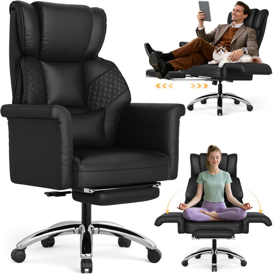 Ergonomic Office Chair with Footrest, Criss Cross Legged Desk Chair with Flip-Up Arm, Wider Thicker Spring Seat, Lumbar Support, Pet-Friendly, Big and Tall High Back Heavy Duty Executive Leather Chair