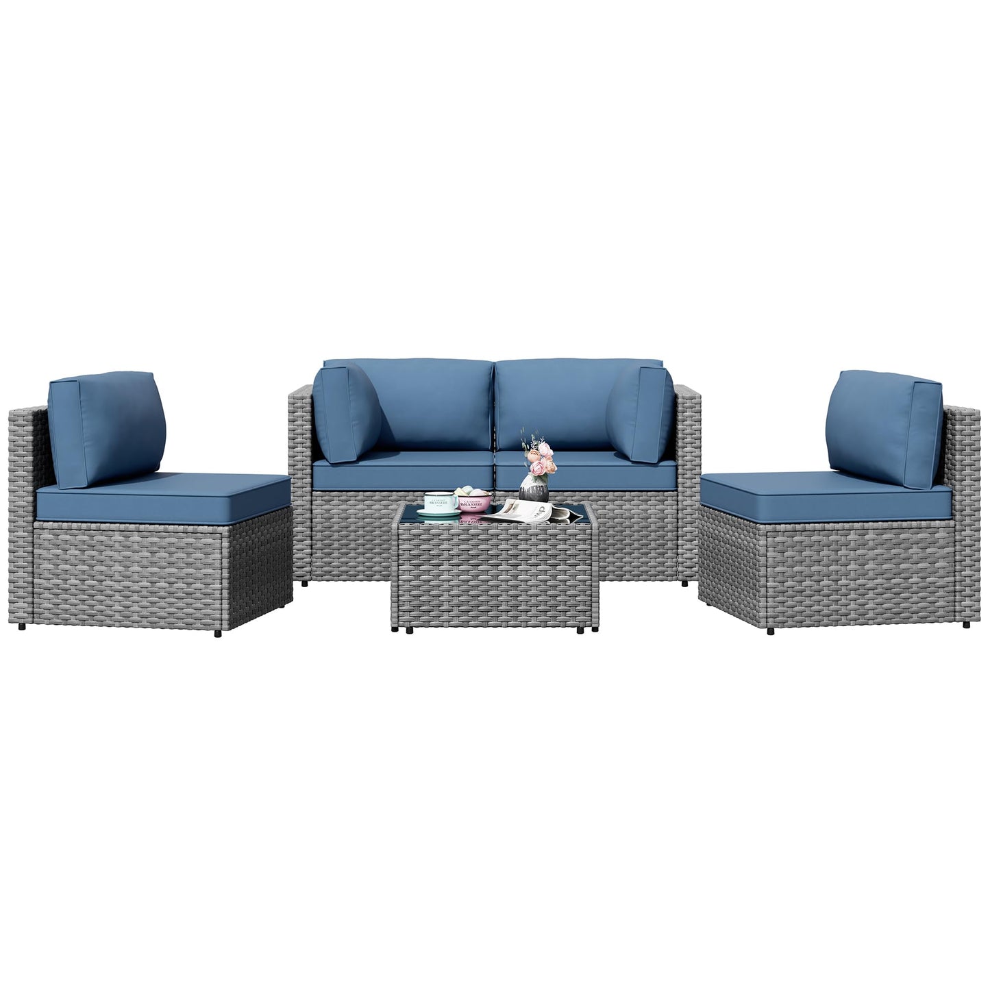 Patio Furniture Sets, 5 Piece Outdoor Sectional Sofas, Wicker Rattan Outdoor Furniture Patio Conversation Set, All-Weather PE Rattan Outdoor Couch for Backyard, Garden, Gray & Aegean Blue
