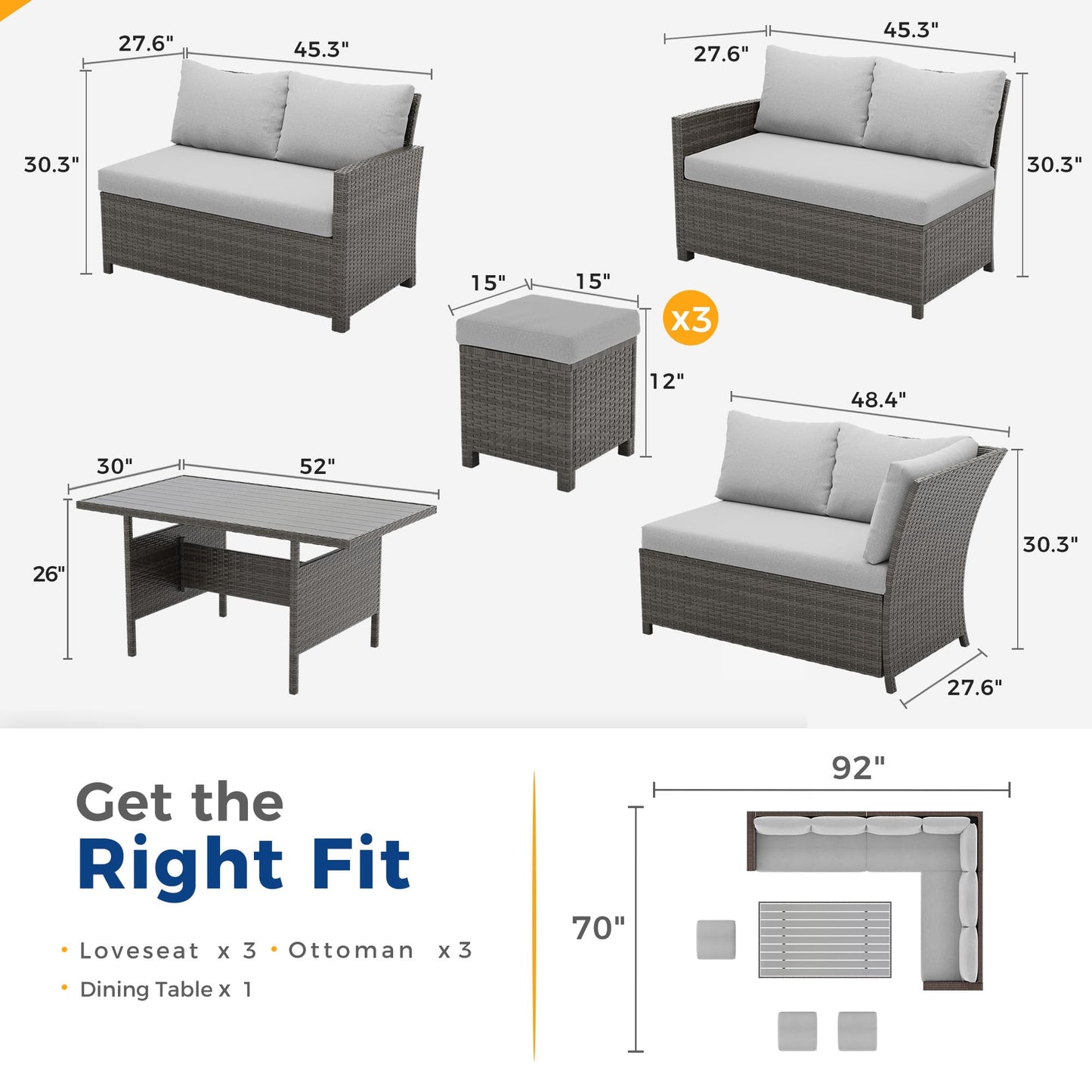 Wisteria Lane 7 Piece Patio Furniture Set, High Curved Back Wicker Patio Sectional, All Weather Outdoor Dining Set, Outdoor Furniture Patio Conversation Set with Ottoman, Ash Gray
