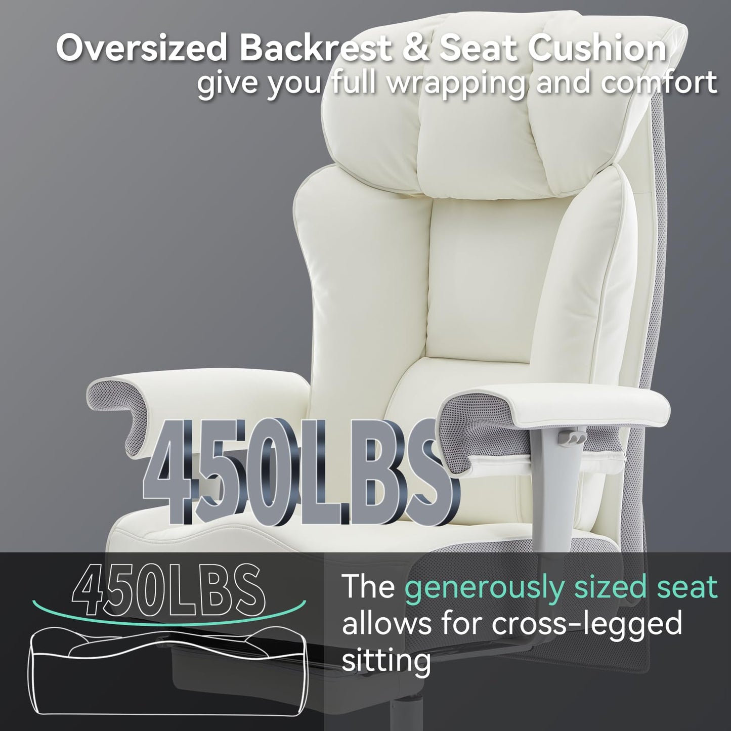 Efomao Big and Tall Office Chair with Footrest, 450lbs High Back Executive Chair with Spring Cushion, PU Leather Upholstery, Padded Armrests, Swivel Base, and Rolling Wheels – White Computer Chair
