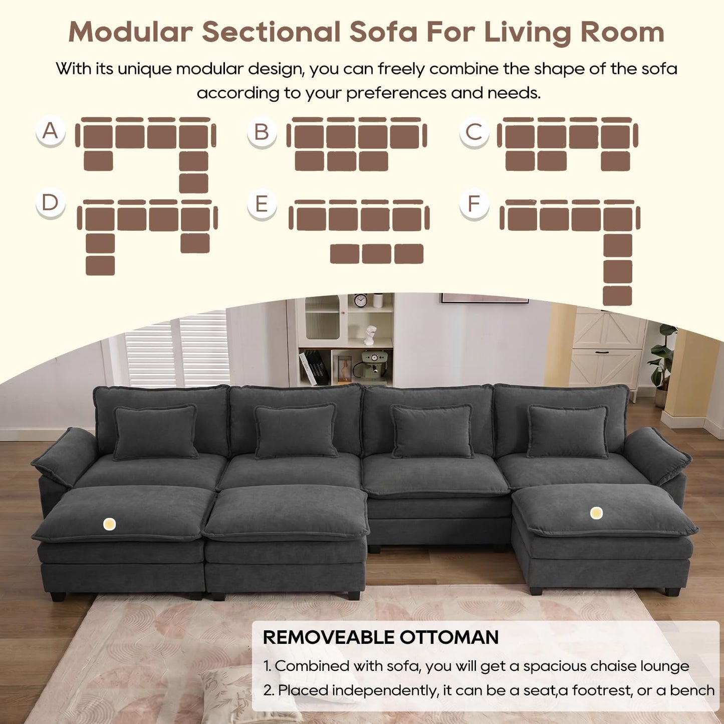 IPKIG 154" Modular Sectional Sofa, Velvet C-Shaped Sectional Couch Comfy Upholstered Seat Sofa with Ottoman, Deep Seat Cloud Couch Sofa for Living Room, Dark Grey