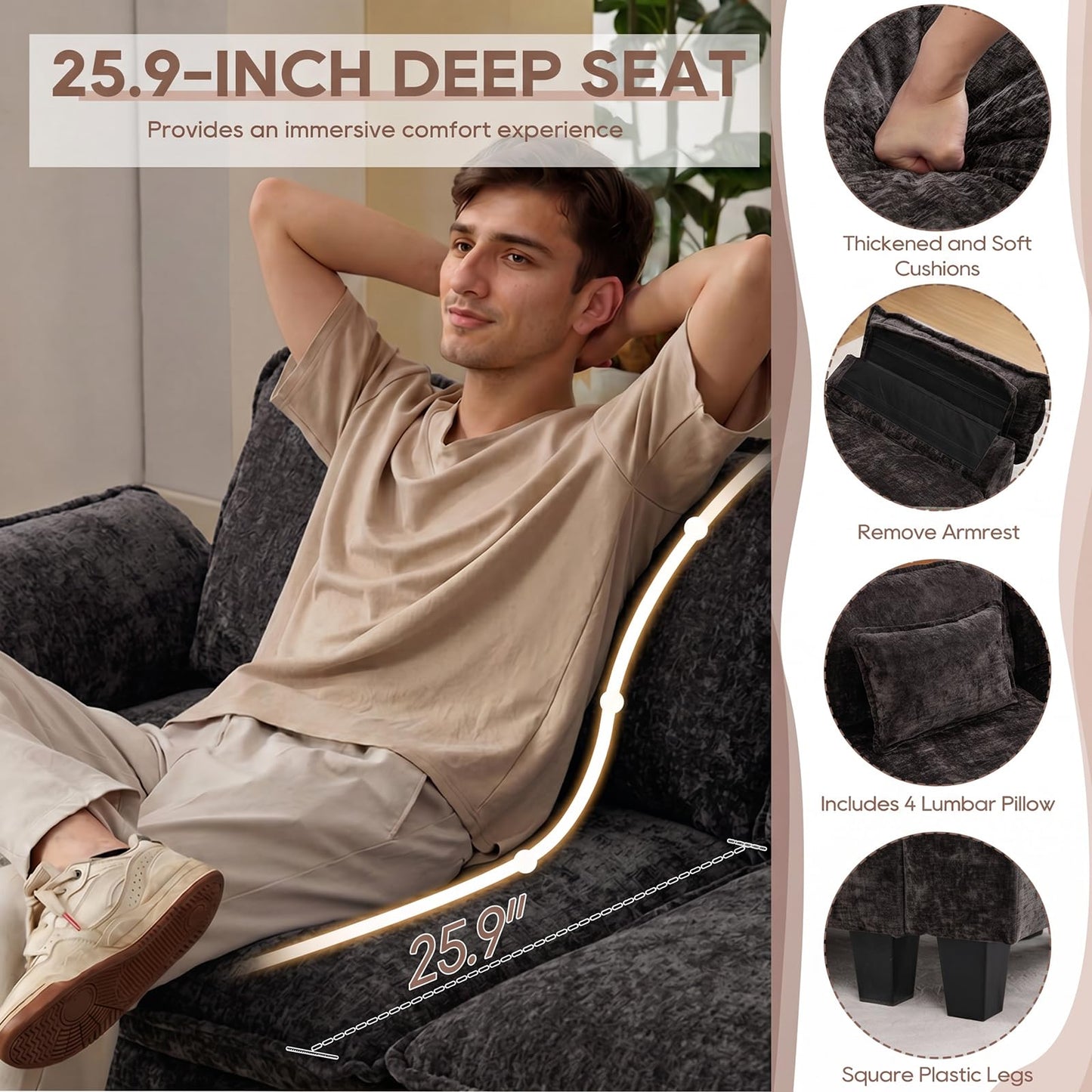 IPKIG 154" Modular Sectional Sofa, Chenille C-Shaped Sectional Couch Comfy Upholstered Seat Sofa with Ottoman, Deep Seat Cloud Couch Sofa for Living Room, Black