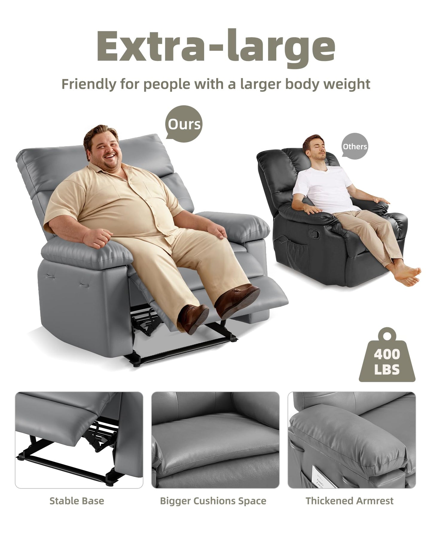 GarveeHome Oversized Recliner Chair, 27" Extra Wide Manual Recliner with Heat and Massage, 400lbs Heavy Duty PU Leather Single Sofa, Large Lazy Chair for Big and Tall Adults, Living Room & Bedroom