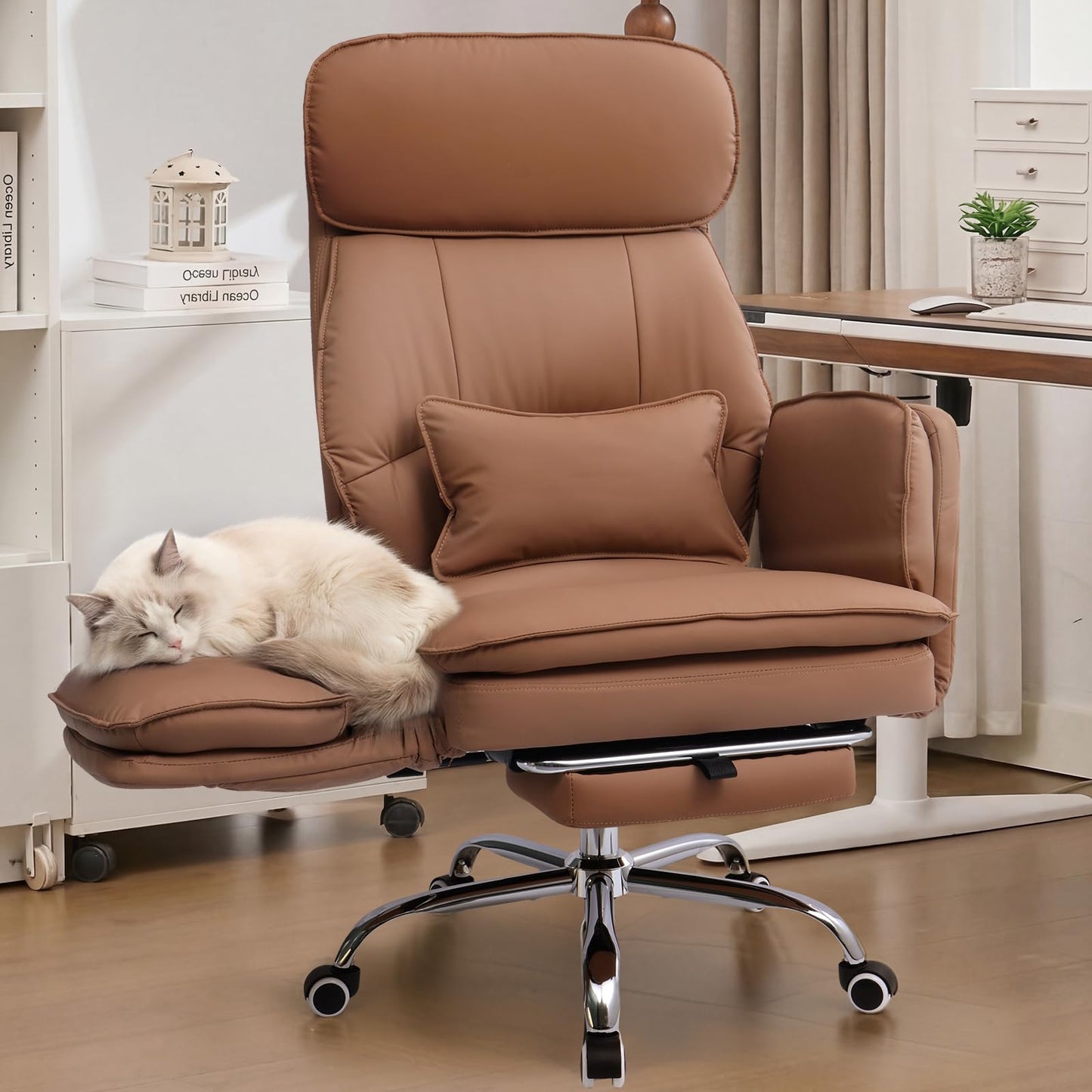 EGSEAT Big and Tall Office Chair with Flip Armrests, Cross Legged Office Chair with Storage Pockets, Comfortable Reclining Computer Chair with Foot Rest, Wide Home Office Desk Chair, Leather Brown