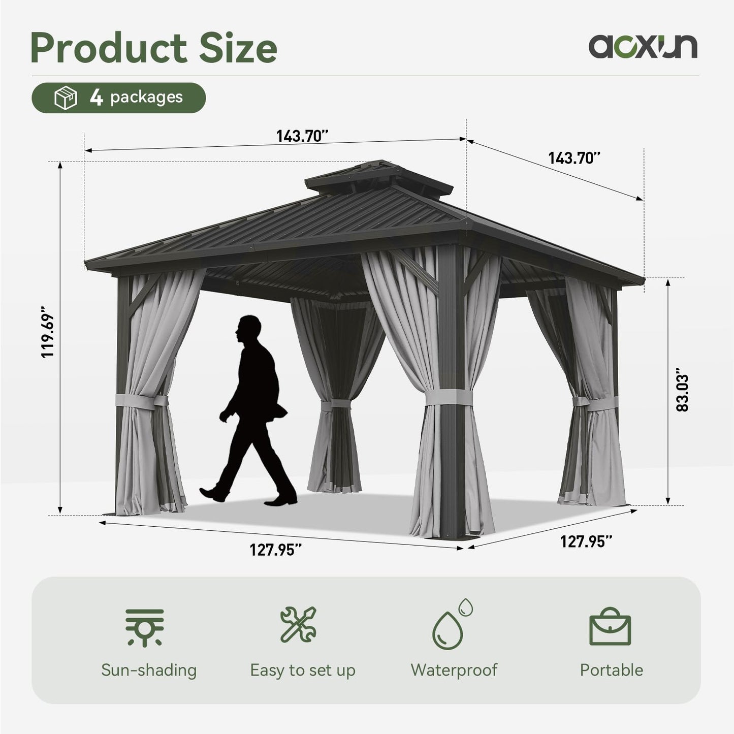 Aoxun 12'x12' Hardtop Gazebo, Metal Frame Canopy with Double Galvanized Steel Roof, Outdoor Metal Pavilion with Netting, Curtains for Backyard, Patio and Deck