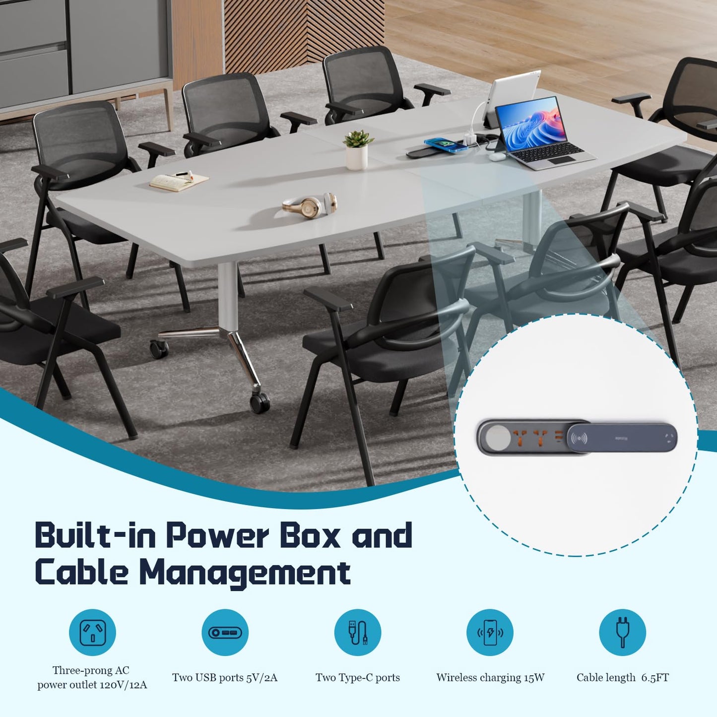 7.5 FT Large Folding Conference Table,Training Seminar Tables for 6-8 People,Built-in Wireless Charger and Power Box,Metal Legs Rolling Training Table for Office (4, White, 90.5"L×35.4“W×29.5"H)